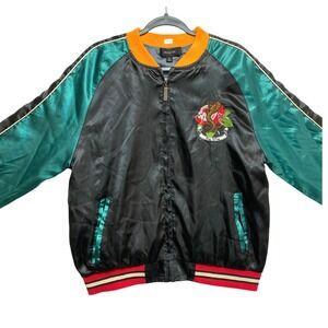 Ring of Fire Satin Bomber Souvenir Jacket Mens Size M Black Green Cobra Rose